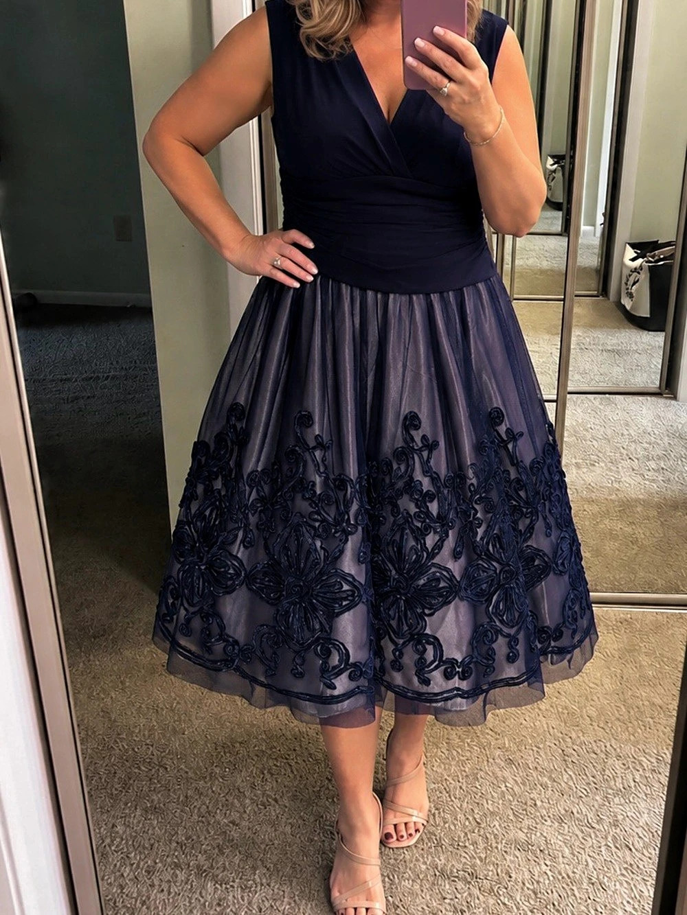 SLNY Embroidered Tulle Cocktail Dress Floral Midi Dress Size 14